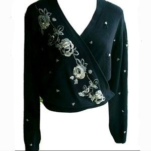 Episode Wrap Wool and Cashmere Blend Floral Embroidery Beaded Sweater Size Large